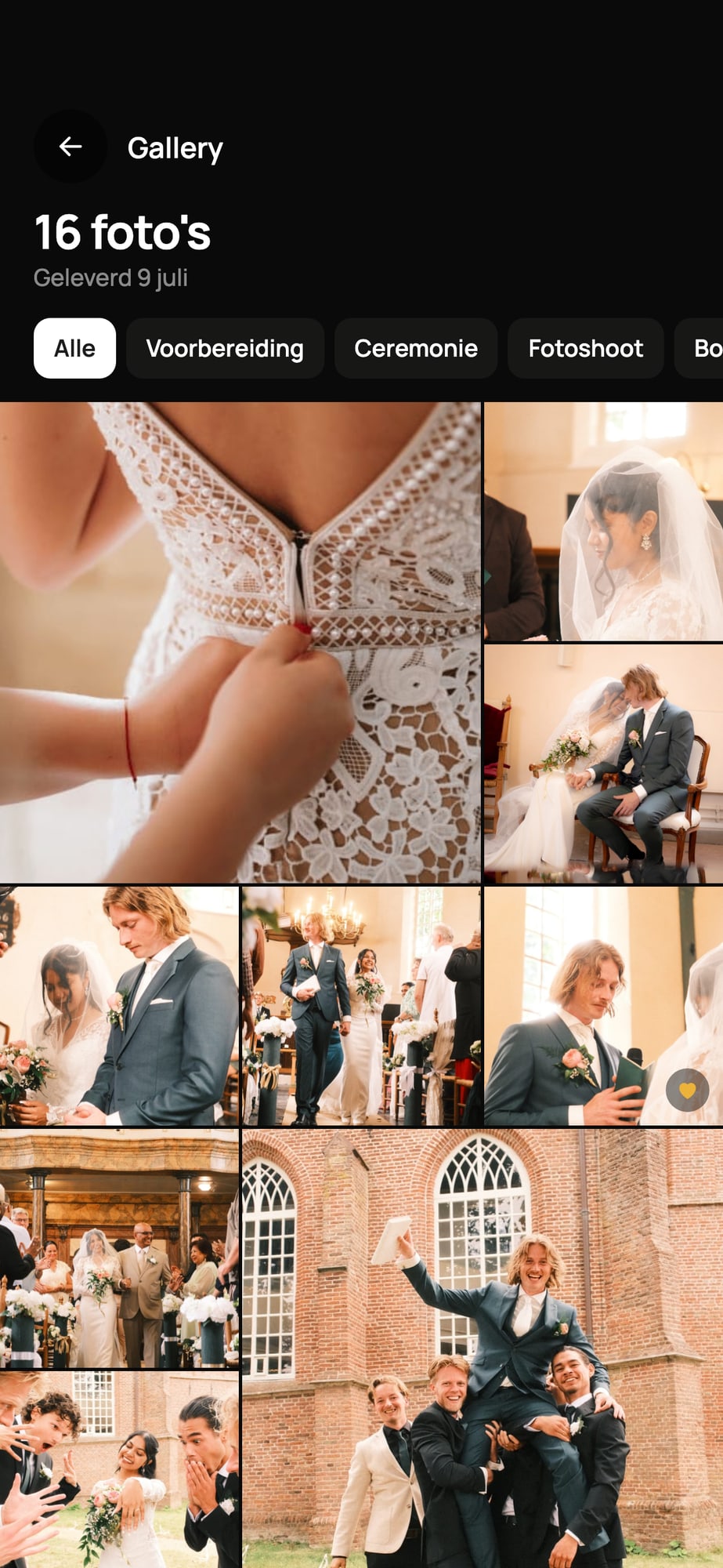 Voorbeeldscherm: gallery met foto's van rand tot rand en filters per deel van de dag
