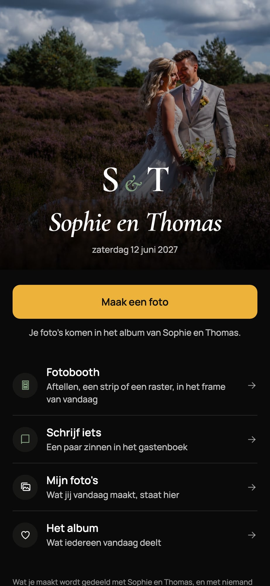 Voorbeeldscherm: wat een gast ziet na het scannen, met een gele knop Maak een foto