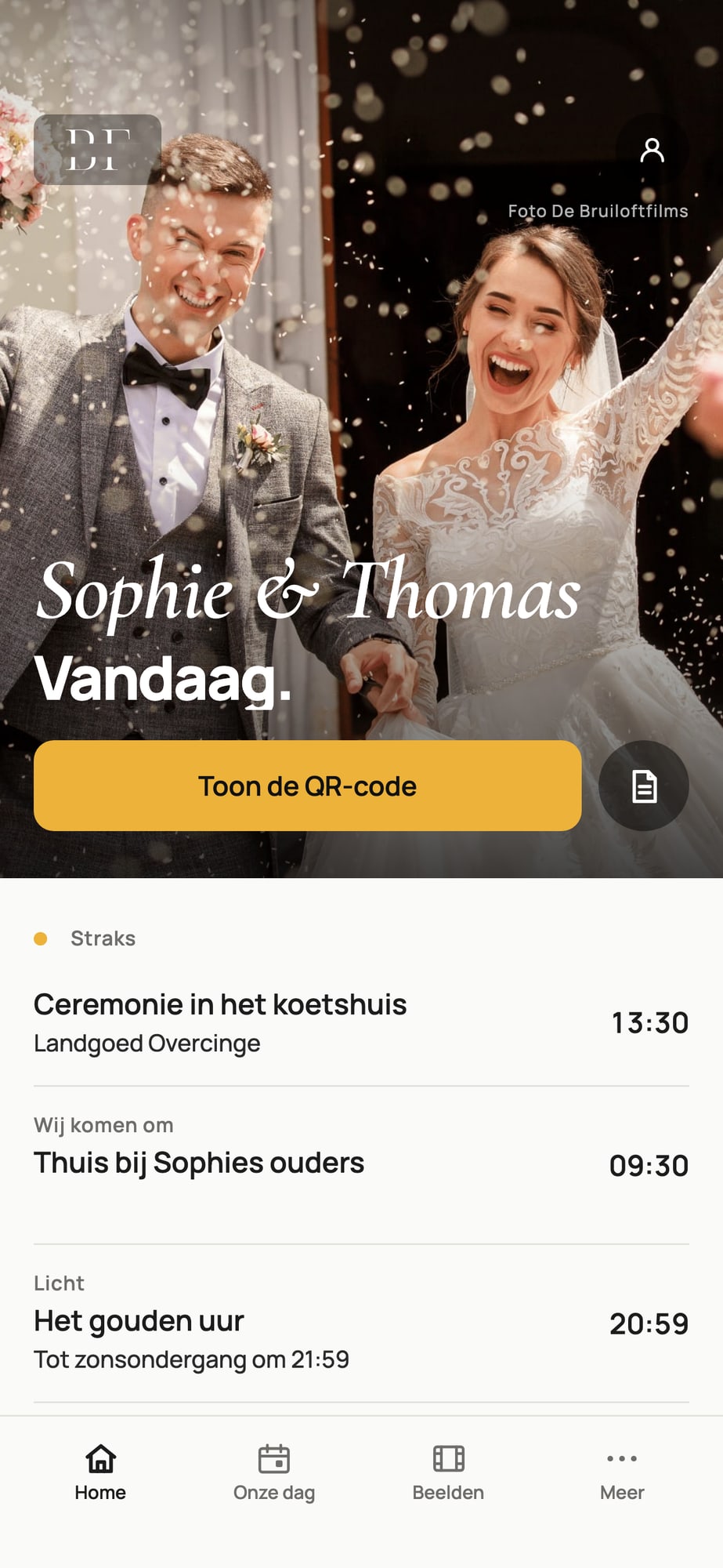 Voorbeeldscherm: beginscherm op de trouwdag onder confetti met Vandaag en een knop Toon de QR-code
