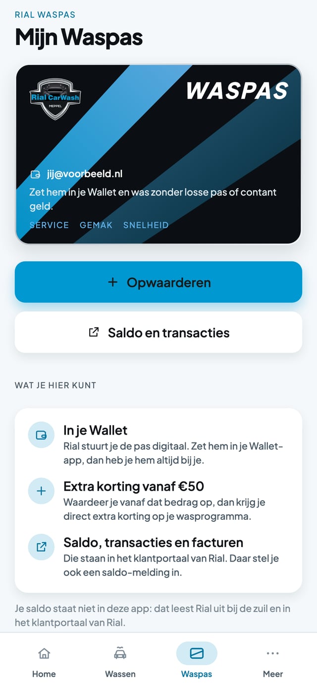 De digitale waspas in de app Rial CarWash