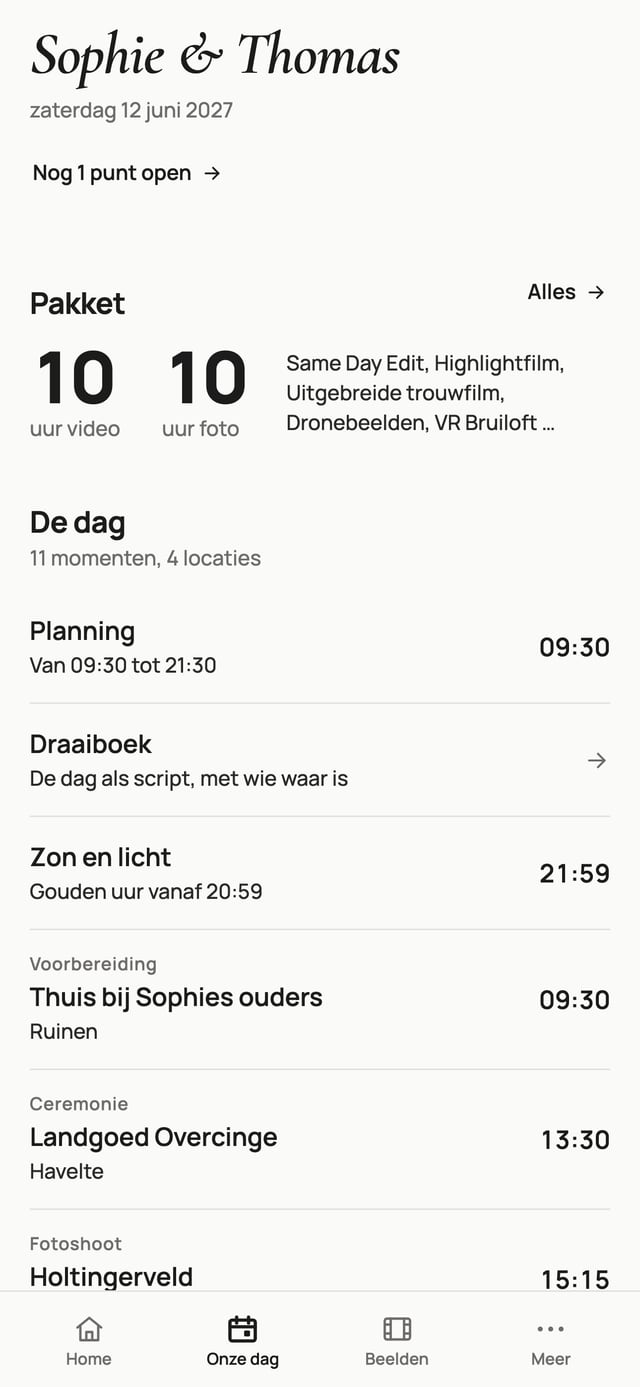 Het overzicht van de dag in de app De Bruiloftfilms