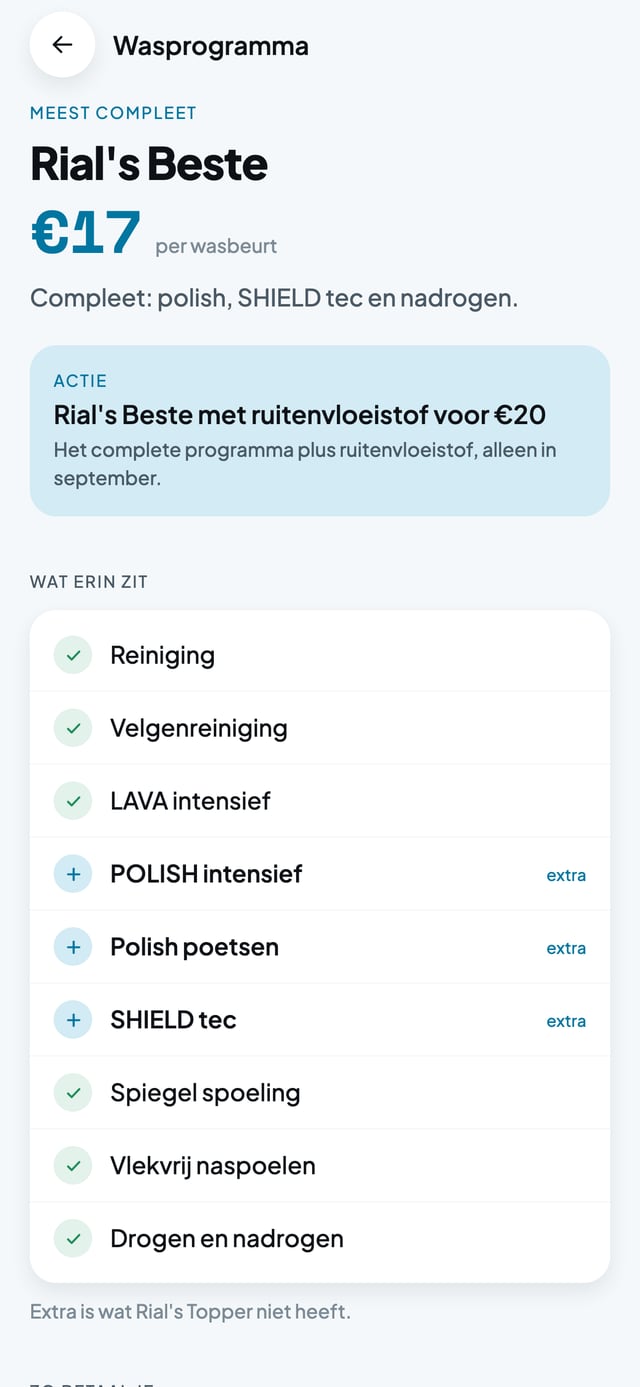 Een wasprogramma in detail in de app Rial CarWash