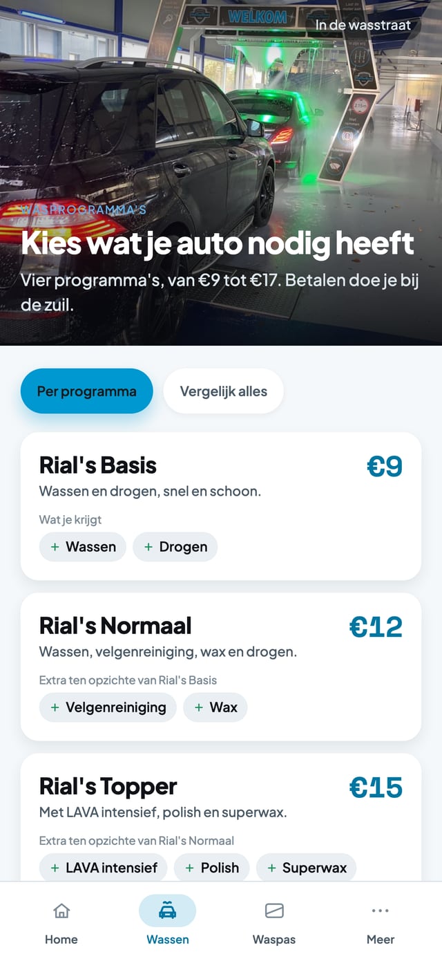 De vier wasprogramma's met prijzen in de app Rial CarWash