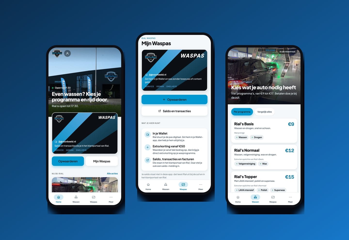 Drie schermen van de app Rial CarWash