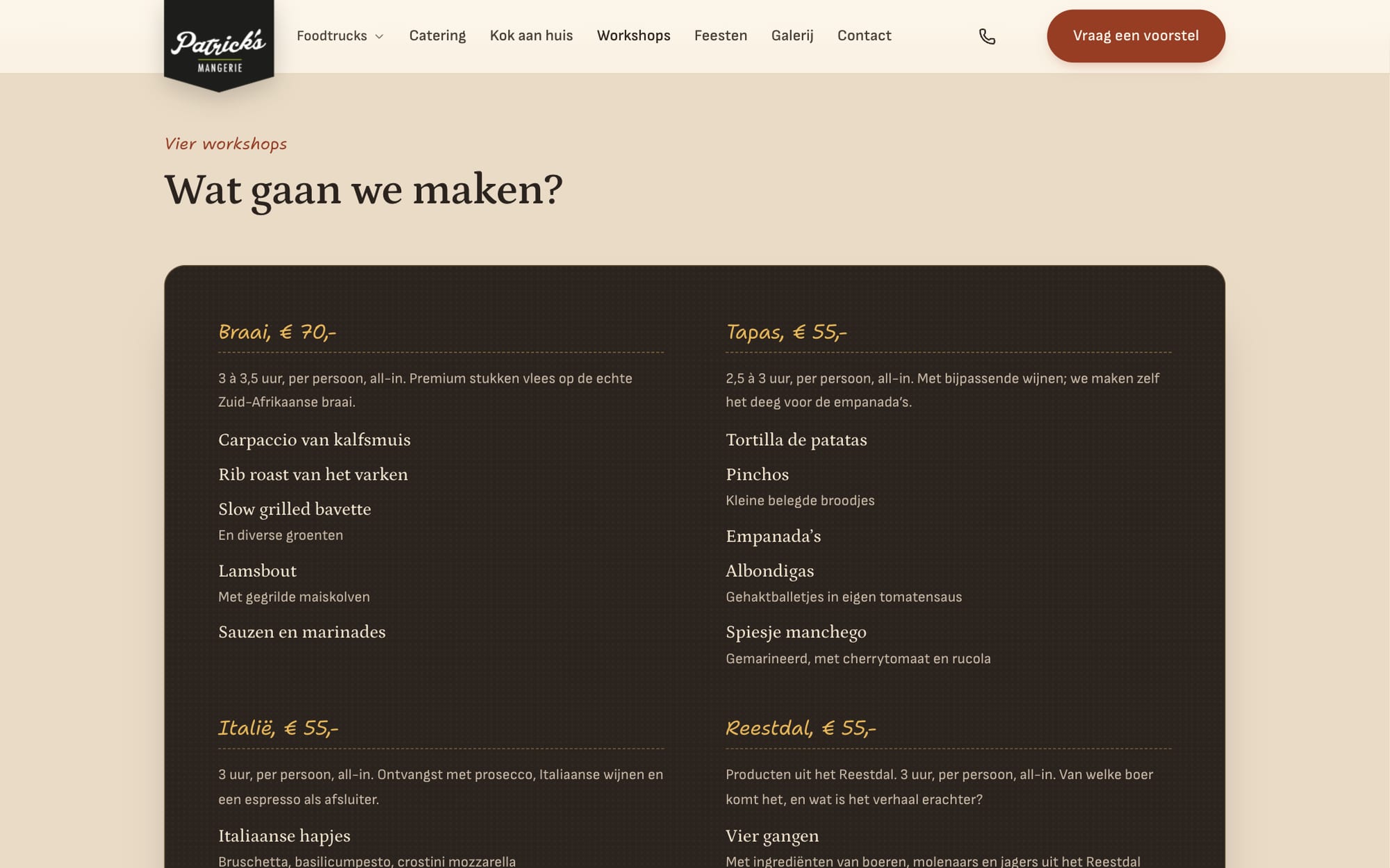 Het krijtbord met de vier kookworkshops