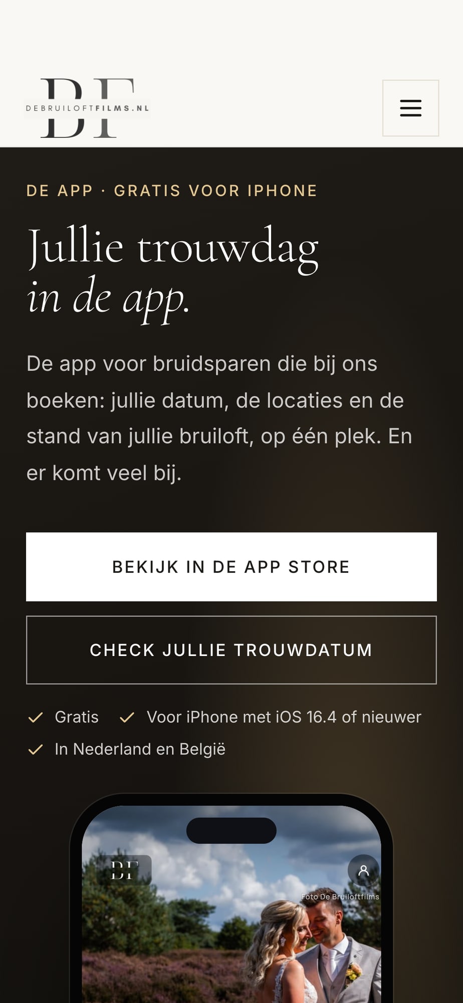 De pagina De app op debruiloftfilms.nl op een telefoon