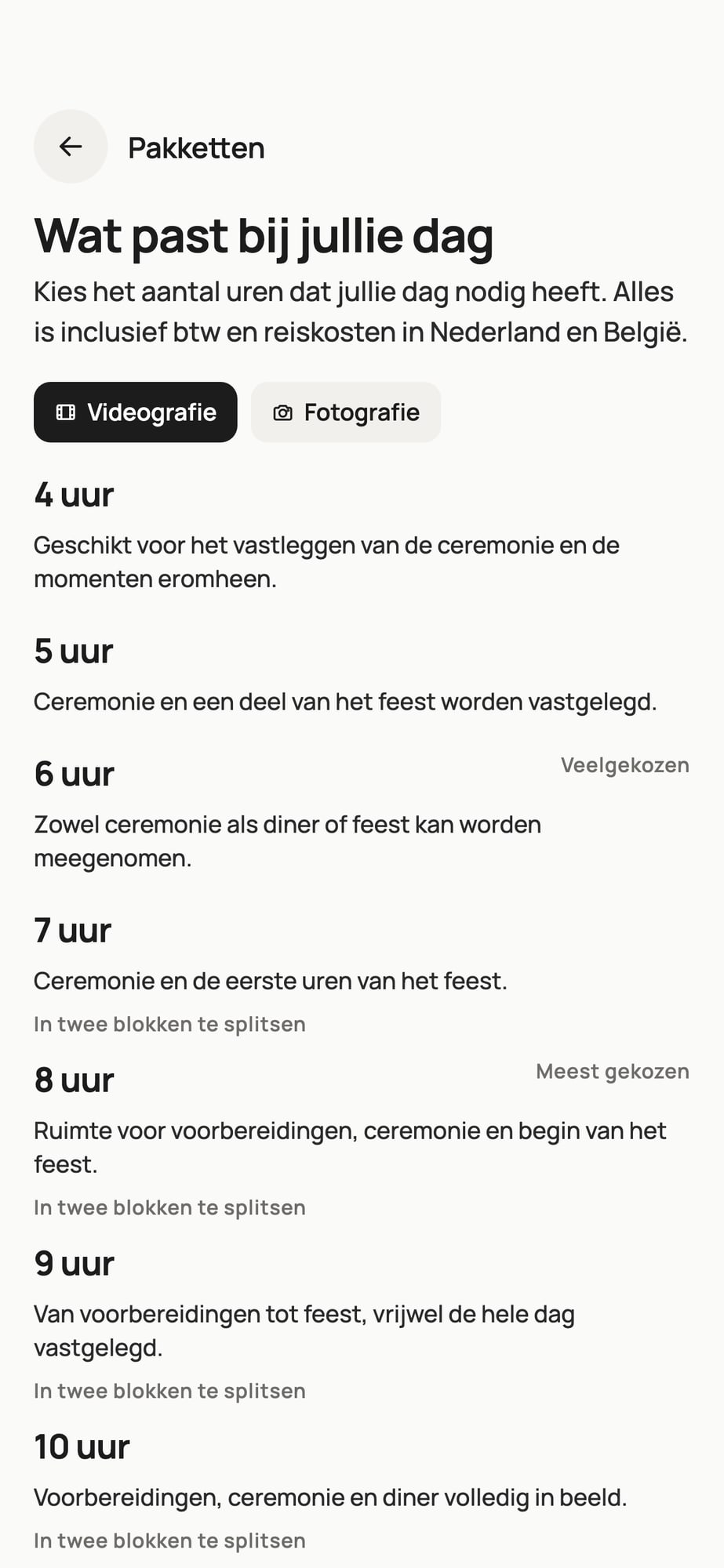 Scherm Pakketten met videografie in uren en wat er per pakket wordt vastgelegd, zonder bedragen
