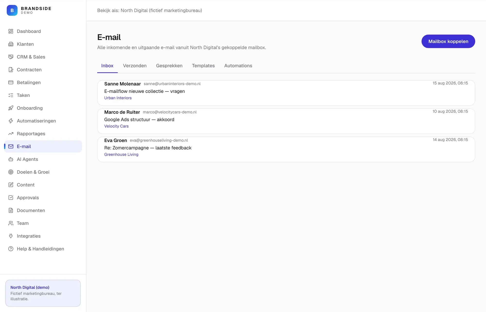De gedeelde e-mailinbox in Brandside Client OS