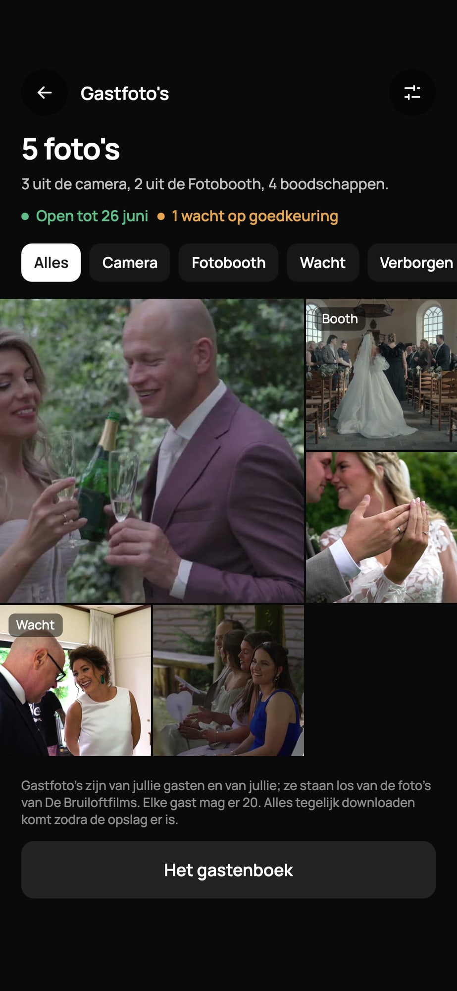 Voorbeeldscherm: gastfoto's op een donker scherm, met goedkeuren en verbergen