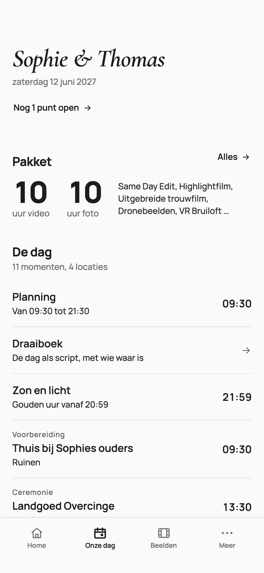 Voorbeeldscherm: Onze dag met pakket, planning, draaiboek, zon en licht en de locaties