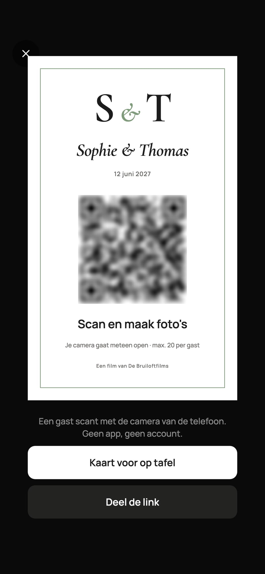 Voorbeeldscherm: de QR-code voor de gasten met Scan en maak foto's en de knoppen Kaart voor op tafel en Deel de link; de code is hier onleesbaar gemaakt