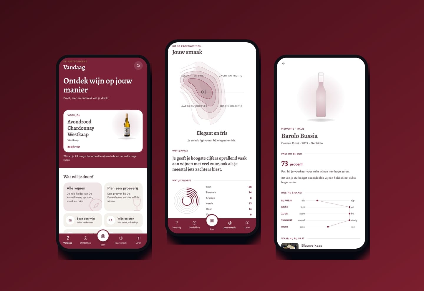 Drie schermen van de app WIJN. van De Kasteelhoeve