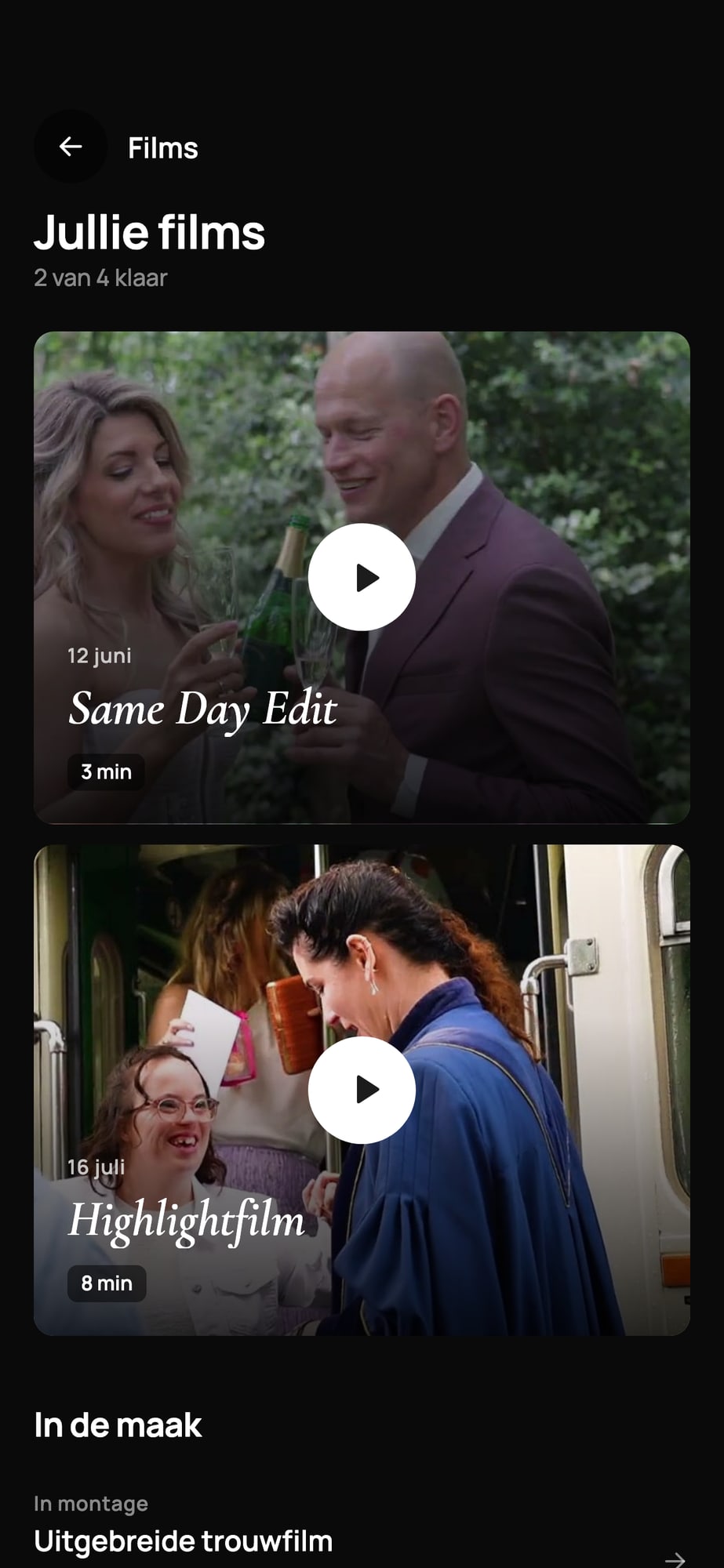 Voorbeeldscherm: Jullie films met de Same Day Edit en de highlightfilm, en de trouwfilm in montage