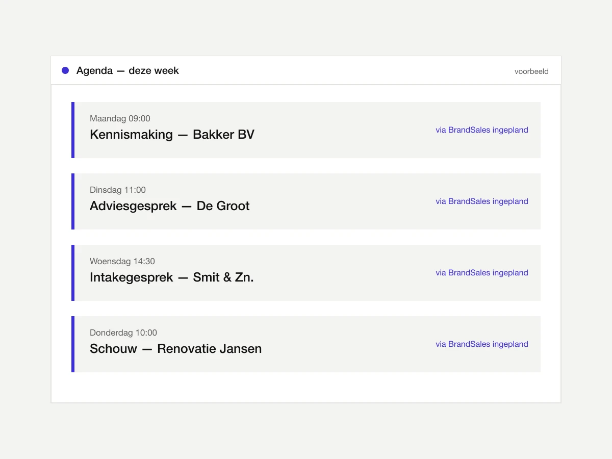 Voorbeeld van een agenda met vier afspraken die via BrandSales zijn ingepland