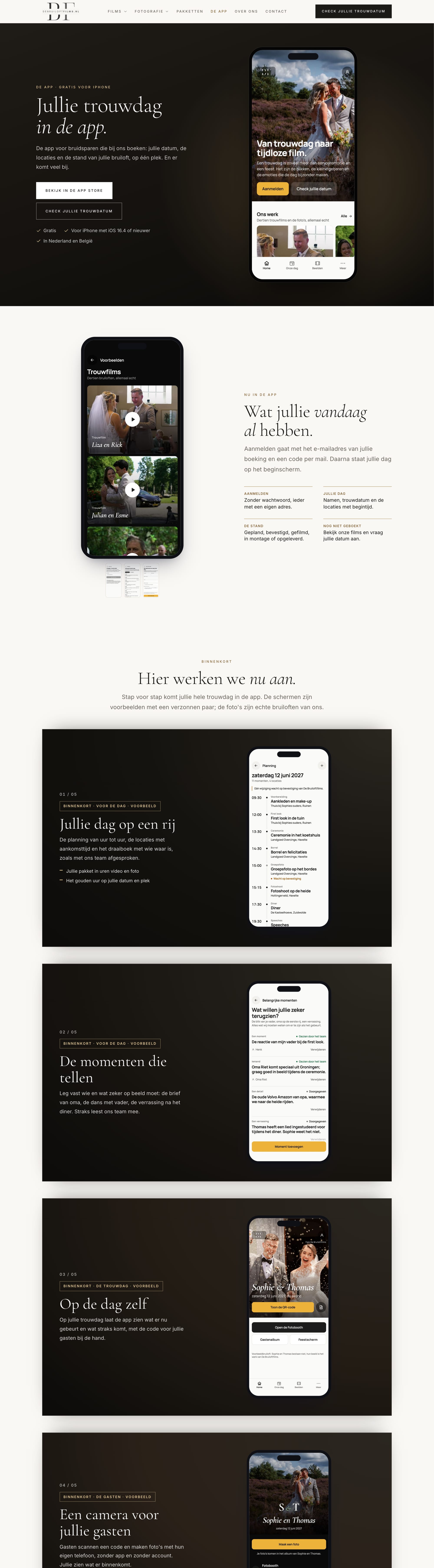 De pagina De app op debruiloftfilms.nl van boven tot onder
