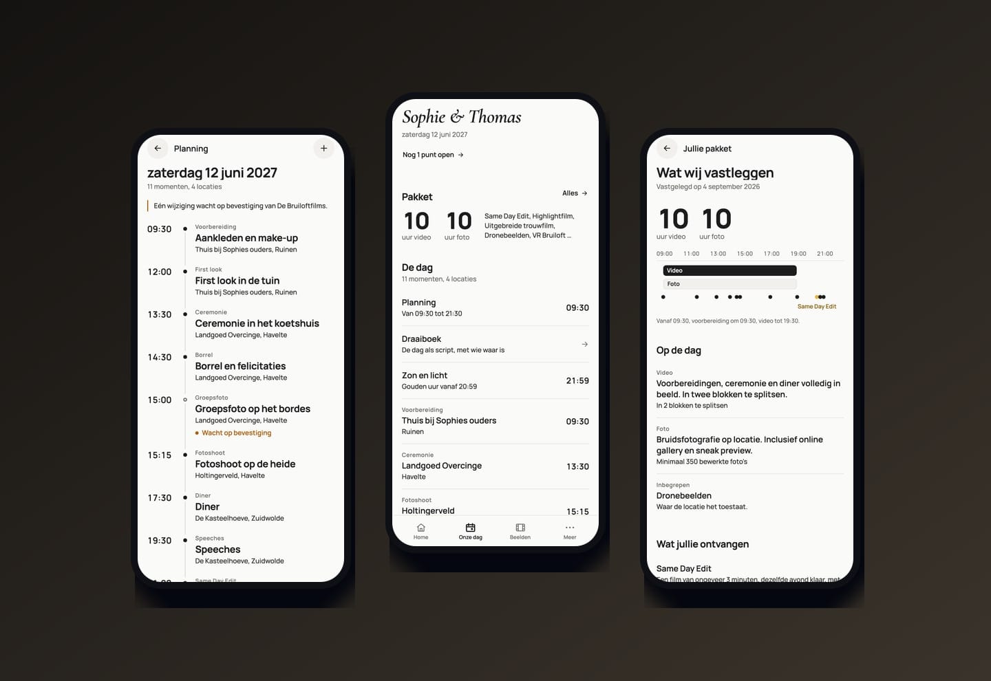 Drie schermen van de app De Bruiloftfilms